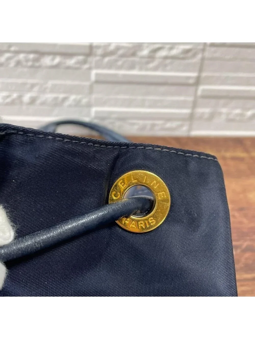 Celine Nylon Leather Shoulder Bag Drawstring Gold - Picture 9 of 10